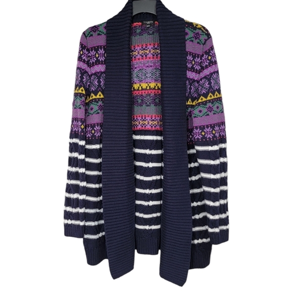 Talbots Cable Knit Open Navy Blue Striped Cardigan Sweater Womens Size M Petite - Picture 1 of 11